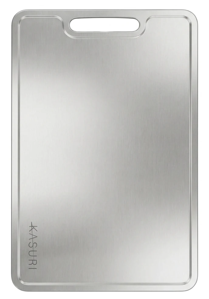 Kasuri titanium cutting board with its engraved Kasuri logo and carry handle