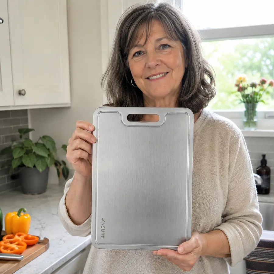 Linda holding her Kasuri cutting board in her kitchen